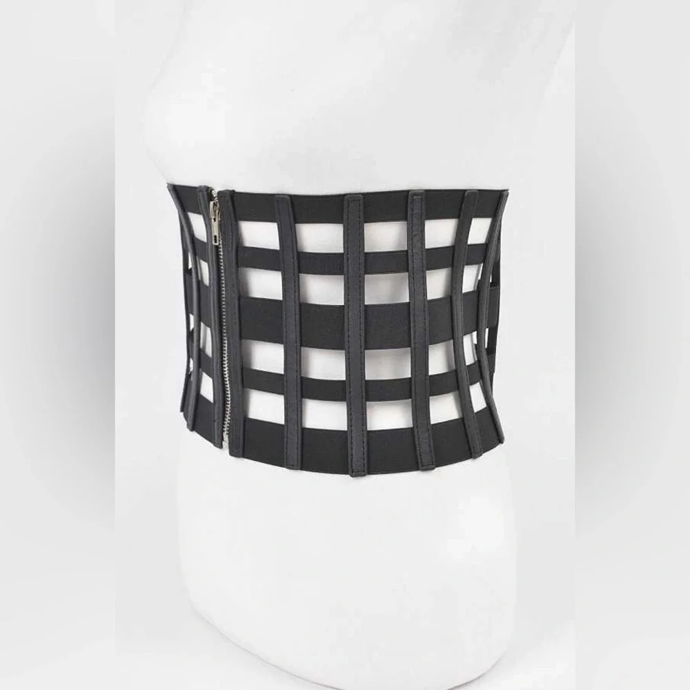 Black Vegan Leather Cage Zip Up Corset Statement Belt